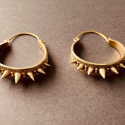 Spike Gold Hoop Earrings / Steampunk / Boho Jewellery / Punk / Goth Fashion / Tattoo / Ethnic / Rustic / Gypsy / Spiral / Hippie style