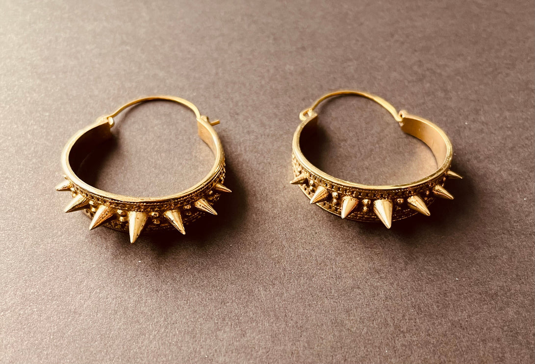 Spike Gold Hoop Earrings / Steampunk / Boho Jewellery / Punk / Goth Fashion / Tattoo / Ethnic / Rustic / Gypsy / Spiral / Hippie style