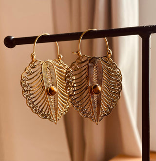 Boho Earrings Tiger's Eye Brass, Ethnic Statement Earrings, Bohemian Style