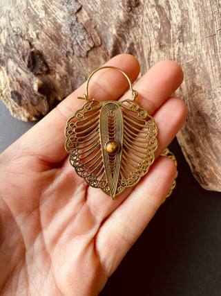 Boho Earrings Tiger's Eye Brass, Ethnic Statement Earrings, Bohemian Style