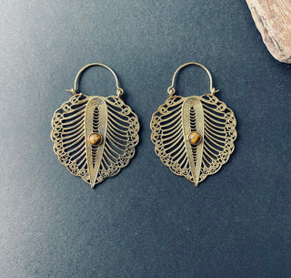Boho Earrings Tiger's Eye Brass, Ethnic Statement Earrings, Bohemian Style