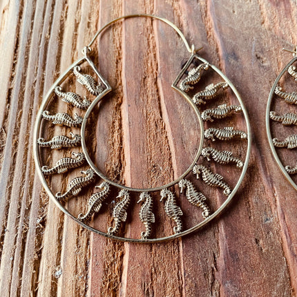 Gold Sea Horse Earrings Extra Large Hoops / Lightweight / Unique Gift / Boho Jewellery / Ethnic / Rustic / Festival / Gypsy / Hippie