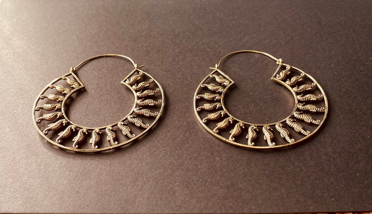 Gold Sea Horse Earrings Extra Large Hoops / Lightweight / Unique Gift / Boho Jewellery / Ethnic / Rustic / Festival / Gypsy / Hippie