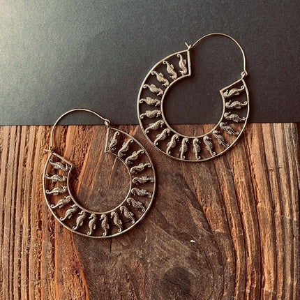 Gold Sea Horse Earrings Extra Large Hoops / Lightweight / Unique Gift / Boho Jewellery / Ethnic / Rustic / Festival / Gypsy / Hippie