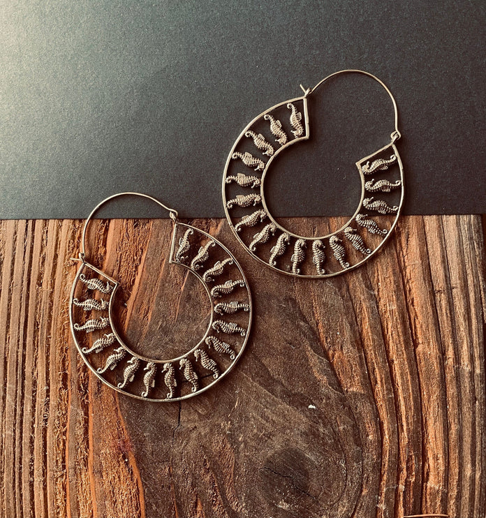 Gold Sea Horse Earrings Extra Large Hoops / Lightweight / Unique Gift / Boho Jewellery / Ethnic / Rustic / Festival / Gypsy / Hippie