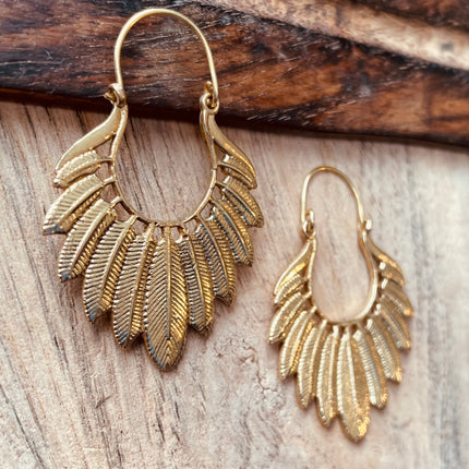 Golden Feather Earrings / Brass Jewellery / Boho Style / Ethnic Hoops / Unique Gift / Birds / Animals / Nature / Wildlife / Tropical /