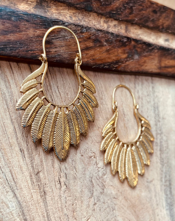 Golden Feather Earrings / Brass Jewellery / Boho Style / Ethnic Hoops / Unique Gift / Birds / Animals / Nature / Wildlife / Tropical /