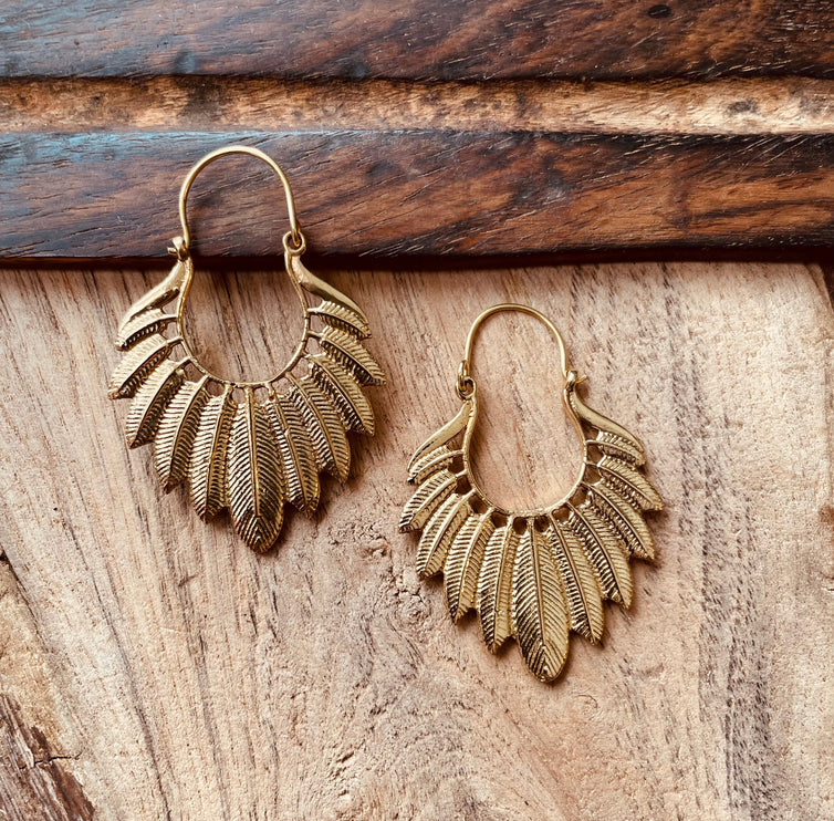 Golden Feather Earrings / Brass Jewellery / Boho Style / Ethnic Hoops / Unique Gift / Birds / Animals / Nature / Wildlife / Tropical /