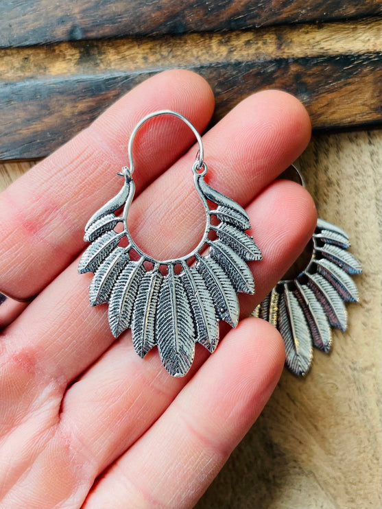 Silver Feather Earrings / Silver Jewellery / Boho Style / Ethnic Hoops / Unique Gift / Birds / Animals / Nature / Wildlife / Tropical /