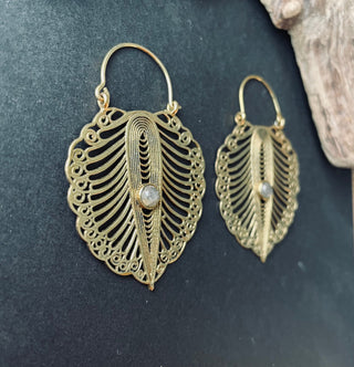 Large Boho Brass Earrings Labradorite, Intricate Details Hoops, Hypoallergenic Option, Bohemian Style Jewellery