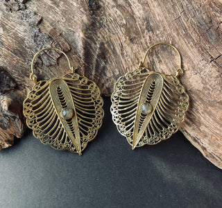 Large Boho Brass Earrings Labradorite, Intricate Details Hoops, Hypoallergenic Option, Bohemian Style Jewellery