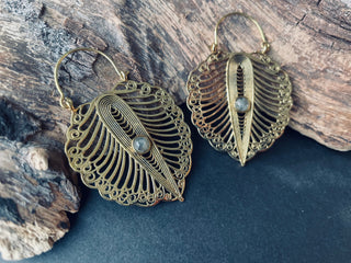 Large Boho Brass Earrings Labradorite, Intricate Details Hoops, Hypoallergenic Option, Bohemian Style Jewellery