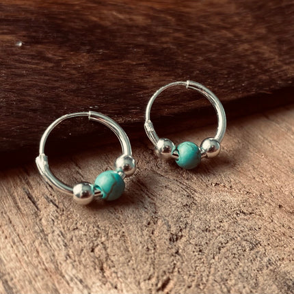 Mini Turquoise Sterling Silver 925 Hoop Earrings / Clicker Jewellery / Small Hoops / Rustic / Yoga / Hippie / Boho / Bohemian / Unisex