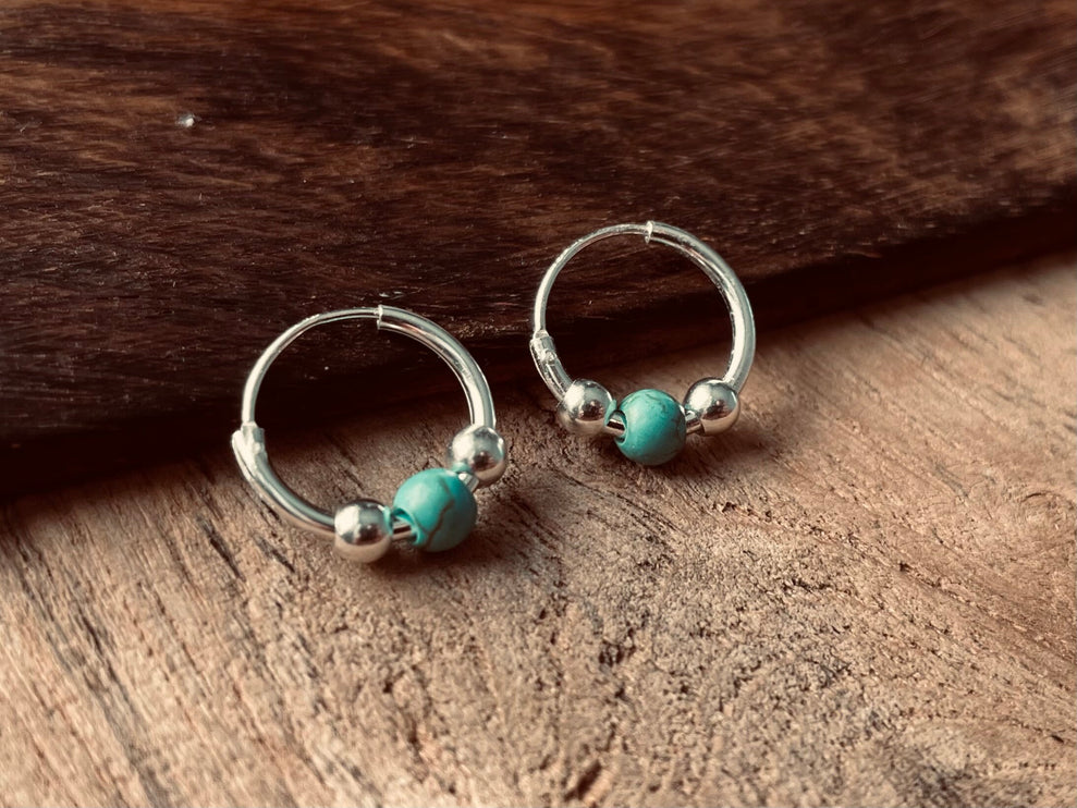 Mini Turquoise Sterling Silver 925 Hoop Earrings / Clicker Jewellery / Small Hoops / Rustic / Yoga / Hippie / Boho / Bohemian / Unisex