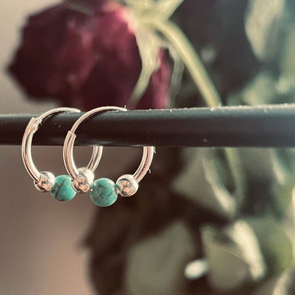 Mini Turquoise Sterling Silver 925 Hoop Earrings / Clicker Jewellery / Small Hoops / Rustic / Yoga / Hippie / Boho / Bohemian / Unisex