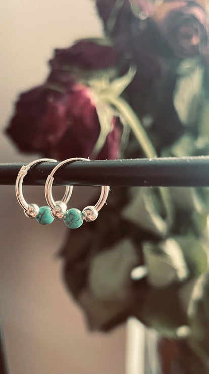 Mini Turquoise Sterling Silver 925 Hoop Earrings / Clicker Jewellery / Small Hoops / Rustic / Yoga / Hippie / Boho / Bohemian / Unisex