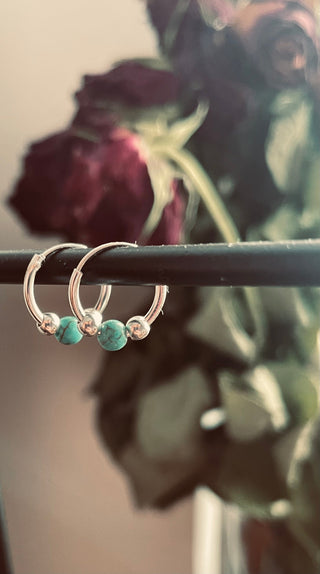 Mini Turquoise Sterling Silver 925 Hoop Earrings / Clicker Jewellery / Small Hoops / Rustic / Yoga / Hippie / Boho / Bohemian / Unisex