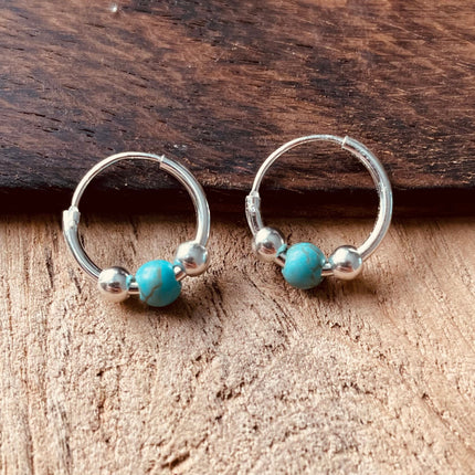 Mini Turquoise Sterling Silver 925 Hoop Earrings / Clicker Jewellery / Small Hoops / Rustic / Yoga / Hippie / Boho / Bohemian / Unisex