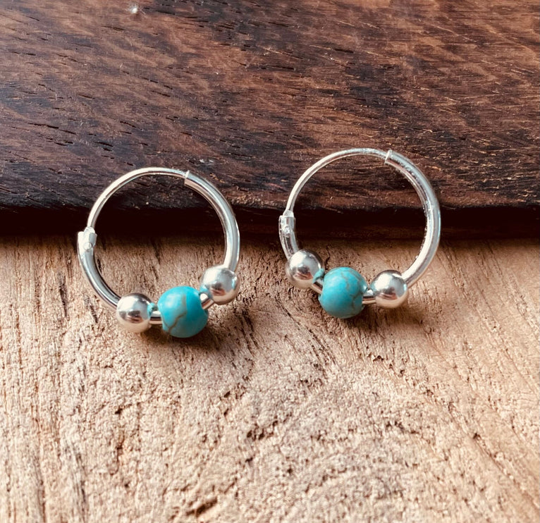 Mini Turquoise Sterling Silver 925 Hoop Earrings / Clicker Jewellery / Small Hoops / Rustic / Yoga / Hippie / Boho / Bohemian / Unisex