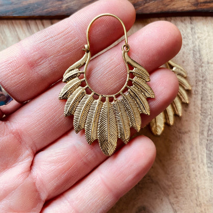 Golden Feather Earrings / Brass Jewellery / Boho Style / Ethnic Hoops / Unique Gift / Birds / Animals / Nature / Wildlife / Tropical /