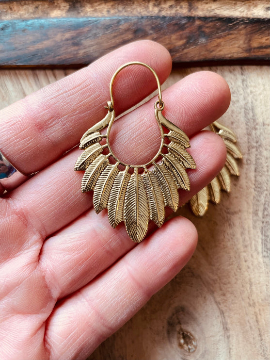 Golden Feather Earrings / Brass Jewellery / Boho Style / Ethnic Hoops / Unique Gift / Birds / Animals / Nature / Wildlife / Tropical /