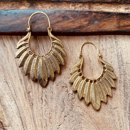 Golden Feather Earrings / Brass Jewellery / Boho Style / Ethnic Hoops / Unique Gift / Birds / Animals / Nature / Wildlife / Tropical /