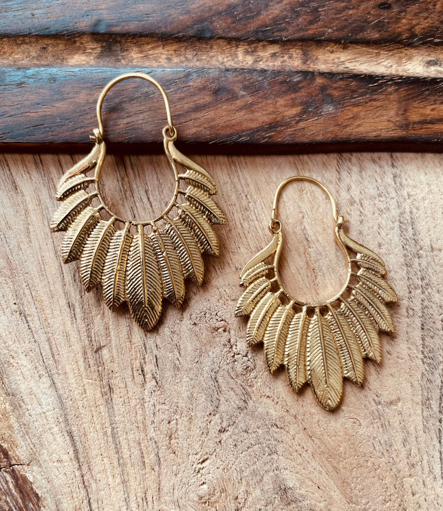 Golden Feather Earrings / Brass Jewellery / Boho Style / Ethnic Hoops / Unique Gift / Birds / Animals / Nature / Wildlife / Tropical /