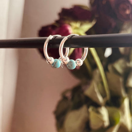 Mini Turquoise Sterling Silver 925 Hoop Earrings / Clicker Jewellery / Small Hoops / Rustic / Yoga / Hippie / Boho / Bohemian / Unisex