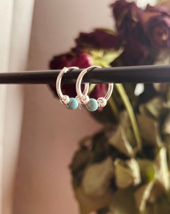 Mini Turquoise Sterling Silver 925 Hoop Earrings / Clicker Jewellery / Small Hoops / Rustic / Yoga / Hippie / Boho / Bohemian / Unisex