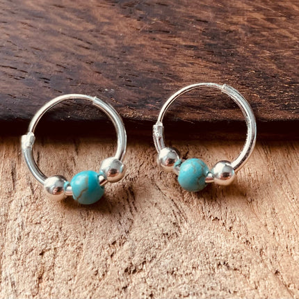 Mini Turquoise Sterling Silver 925 Hoop Earrings / Clicker Jewellery / Small Hoops / Rustic / Yoga / Hippie / Boho / Bohemian / Unisex