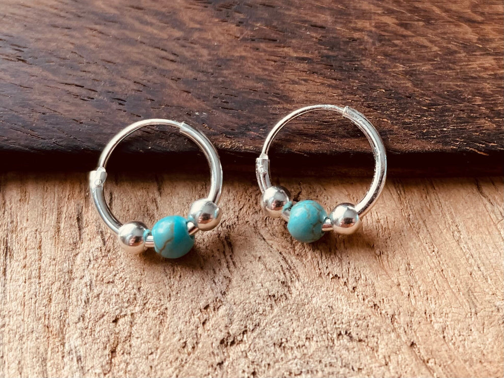 Mini Turquoise Sterling Silver 925 Hoop Earrings / Clicker Jewellery / Small Hoops / Rustic / Yoga / Hippie / Boho / Bohemian / Unisex