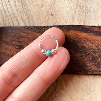 Mini Turquoise Sterling Silver 925 Hoop Earrings / Clicker Jewellery / Small Hoops / Rustic / Yoga / Hippie / Boho / Bohemian / Unisex