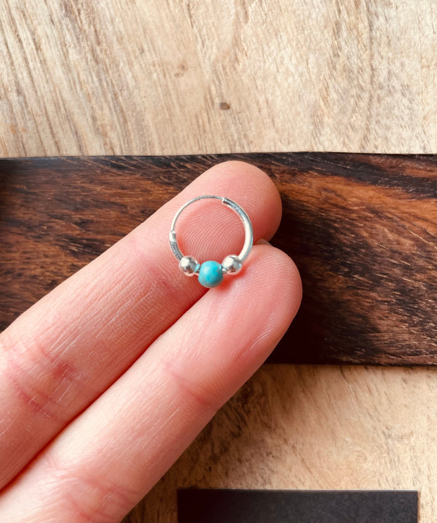 Mini Turquoise Sterling Silver 925 Hoop Earrings / Clicker Jewellery / Small Hoops / Rustic / Yoga / Hippie / Boho / Bohemian / Unisex