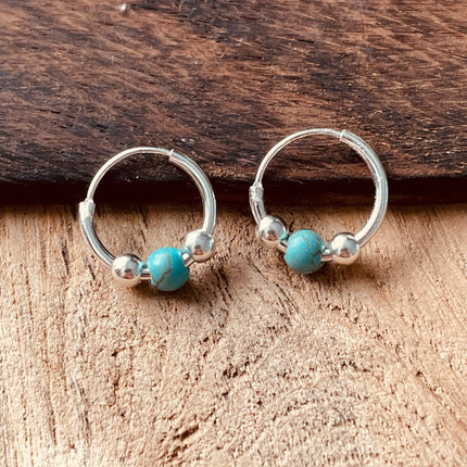 Mini Turquoise Sterling Silver 925 Hoop Earrings / Clicker Jewellery / Small Hoops / Rustic / Yoga / Hippie / Boho / Bohemian / Unisex