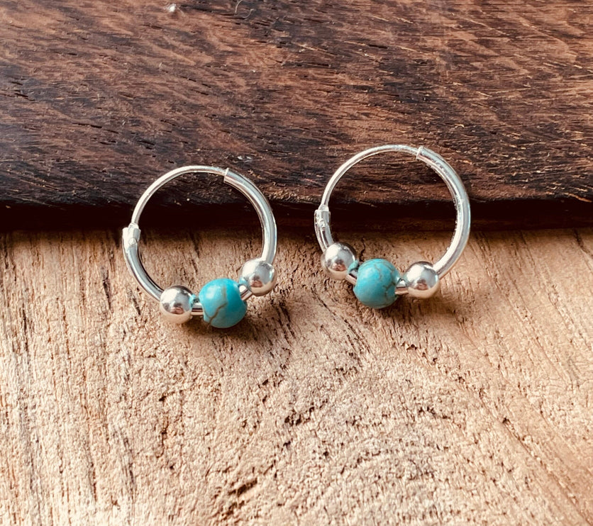 Mini Turquoise Sterling Silver 925 Hoop Earrings / Clicker Jewellery / Small Hoops / Rustic / Yoga / Hippie / Boho / Bohemian / Unisex