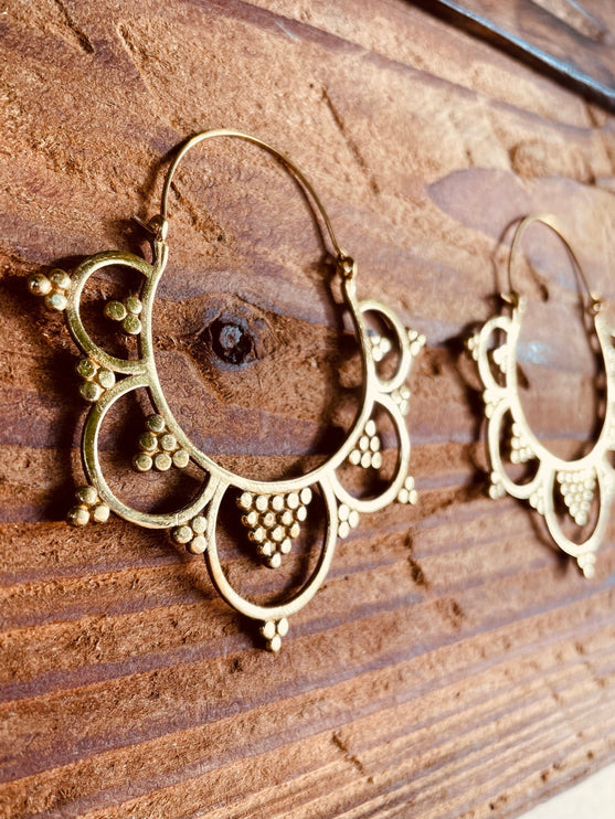 Extra Large Flower Hoops Brass Earrings / Boho / Ethnic / Rustic / Indian / Festival / Gypsy / Spiral / Hippie / Ibiza Coachellea style