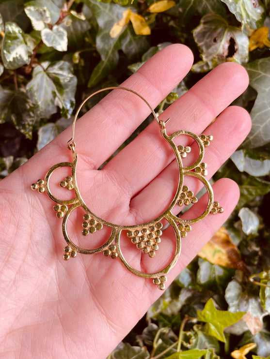 Extra Large Flower Hoops Brass Earrings / Boho / Ethnic / Rustic / Indian / Festival / Gypsy / Spiral / Hippie / Ibiza Coachellea style