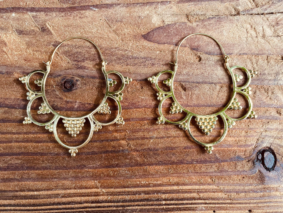 Extra Large Flower Hoops Brass Earrings / Boho / Ethnic / Rustic / Indian / Festival / Gypsy / Spiral / Hippie / Ibiza Coachellea style