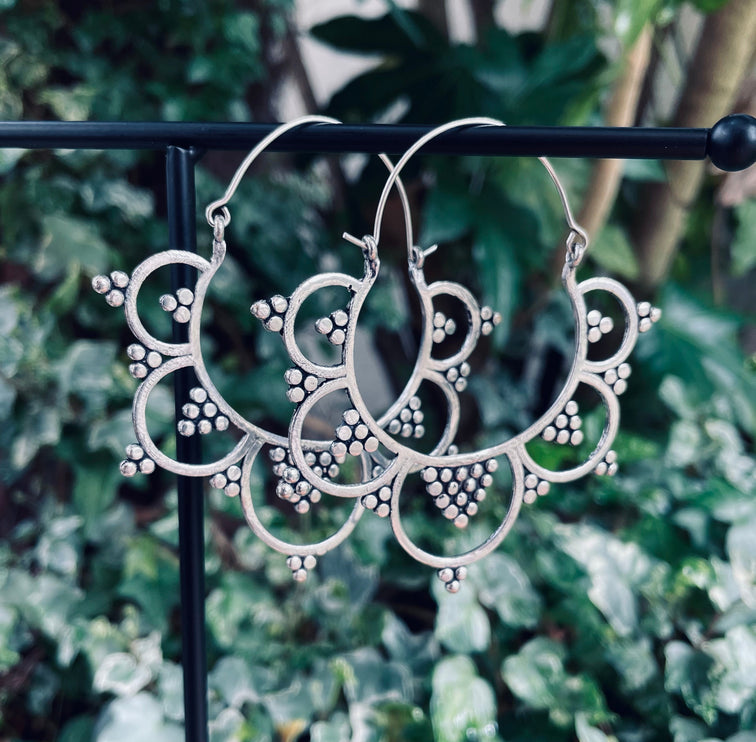 Extra Large Flower Hoops Silver Earrings / Boho / Ethnic / Rustic / Indian / Festival / Gypsy / Spiral / Hippie / Ibiza Coachellea style