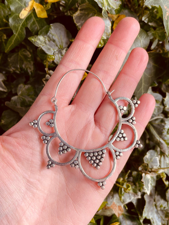 Extra Large Flower Hoops Silver Earrings / Boho / Ethnic / Rustic / Indian / Festival / Gypsy / Spiral / Hippie / Ibiza Coachellea style