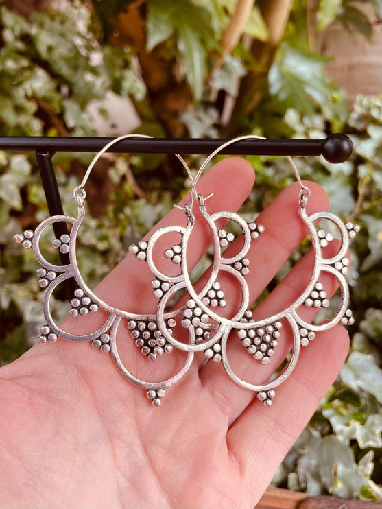 Extra Large Flower Hoops Silver Earrings / Boho / Ethnic / Rustic / Indian / Festival / Gypsy / Spiral / Hippie / Ibiza Coachellea style