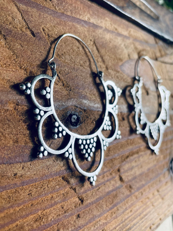 Extra Large Flower Hoops Silver Earrings / Boho / Ethnic / Rustic / Indian / Festival / Gypsy / Spiral / Hippie / Ibiza Coachellea style