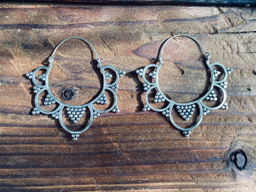 Extra Large Flower Hoops Silver Earrings / Boho / Ethnic / Rustic / Indian / Festival / Gypsy / Spiral / Hippie / Ibiza Coachellea style