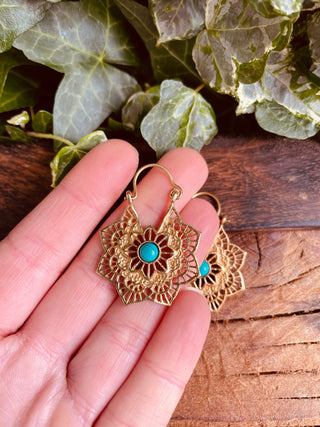 Boho Hoops Turquoise Brass Earrings / Small Earrings / Mandala / Ethnic / Rustic / Yoga / Hippie / Gypsy / Psy / Bohemian / Festival