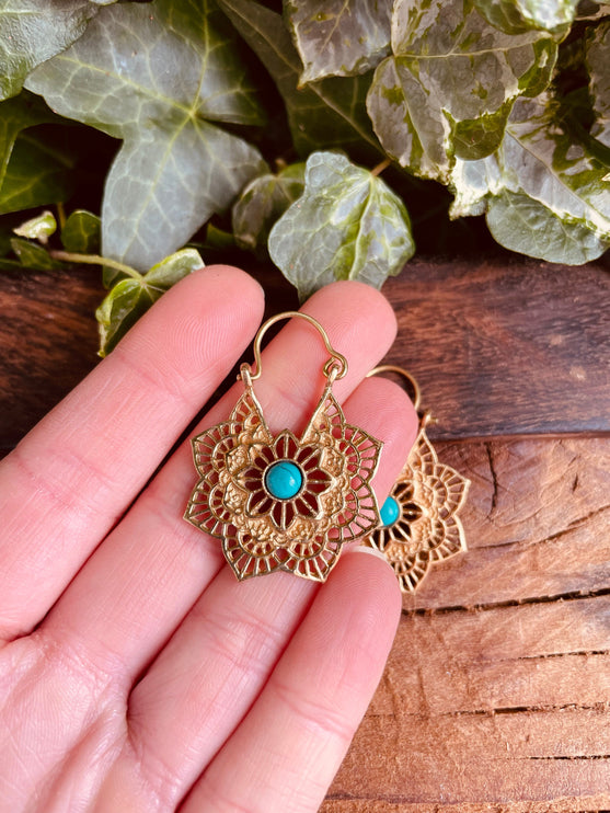 Boho Hoops Turquoise Brass Earrings / Small Earrings / Mandala / Ethnic / Rustic / Yoga / Hippie / Gypsy / Psy / Bohemian / Festival