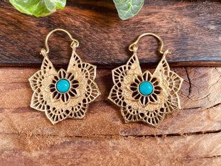 Boho Hoops Turquoise Brass Earrings / Small Earrings / Mandala / Ethnic / Rustic / Yoga / Hippie / Gypsy / Psy / Bohemian / Festival