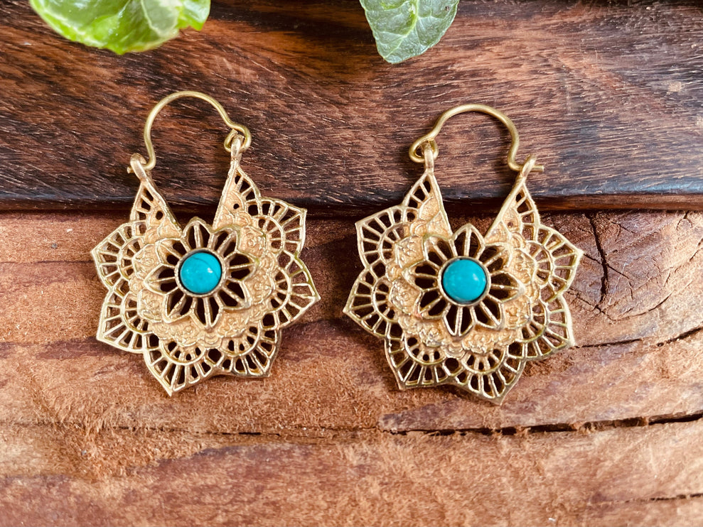 Boho Hoops Turquoise Brass Earrings / Small Earrings / Mandala / Ethnic / Rustic / Yoga / Hippie / Gypsy / Psy / Bohemian / Festival