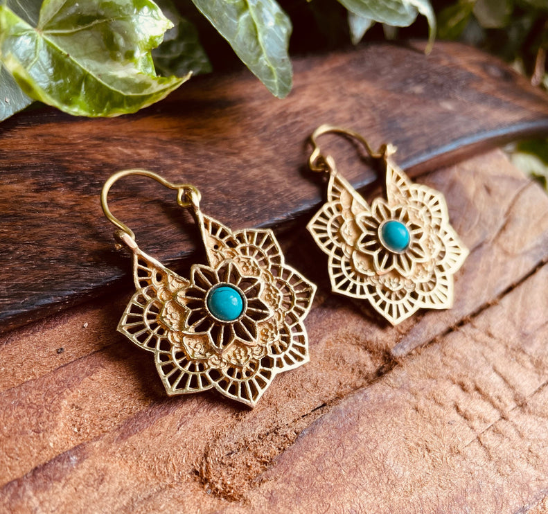 Boho Hoops Turquoise Brass Earrings / Small Earrings / Mandala / Ethnic / Rustic / Yoga / Hippie / Gypsy / Psy / Bohemian / Festival