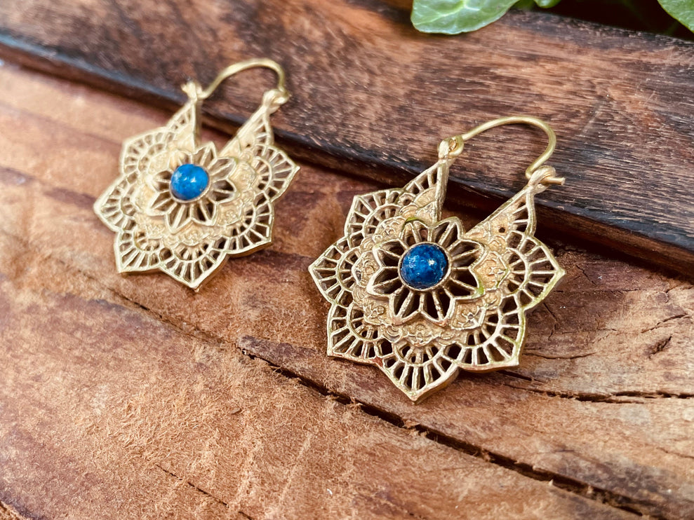 Lapis Lazuli Boho Earrings Brass Earrings / Mandala Star Shape / Ethnic / Rustic / Yoga / Hippie / Gypsy / Psy / Bohemian / Festival