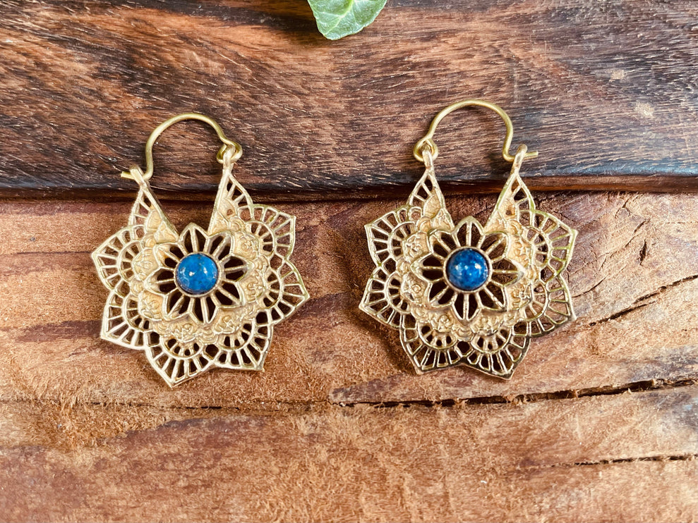 Lapis Lazuli Boho Earrings Brass Earrings / Mandala Star Shape / Ethnic / Rustic / Yoga / Hippie / Gypsy / Psy / Bohemian / Festival